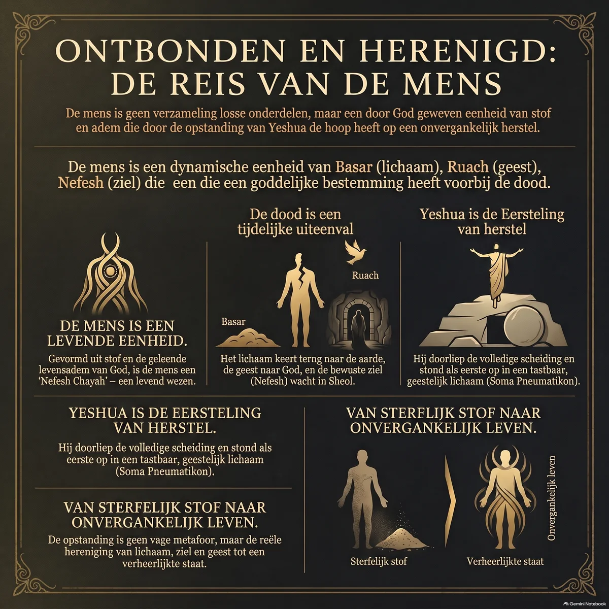 Ontbonden en Herenigd — de reis van de mens: de mens als levende eenheid van stof en levensadem, de dood als tijdelijke uiteenval in basar (lichaam), ruach (geest) en nefesh (ziel in Sheol), en Yeshua als de eersteling van herstel — van sterfelijk stof naar onvergankelijk leven.