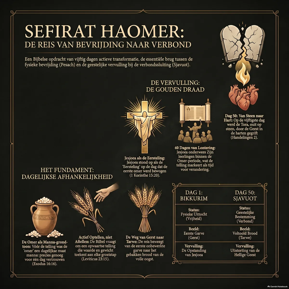 Overzicht van de Omertelling: de omer als dagelijkse manna-maat, het optellen van dag 1 (Bikkurim) naar dag 50 (Shavuot), en Yeshua als Eersteling en de uitstorting van de Geest.