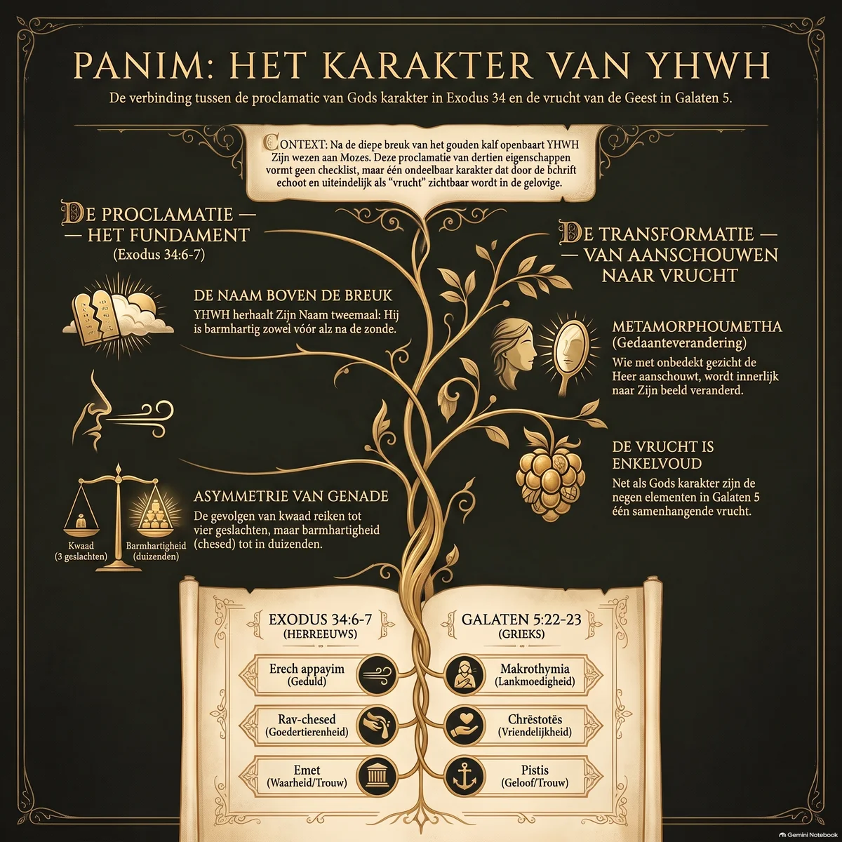 Infographic Panim: Het Karakter van YHWH — de proclamatie van Exodus 34:6-7 als fundament, de transformatie van het aanschouwen naar de ene vrucht van Galaten 5:22-23.
