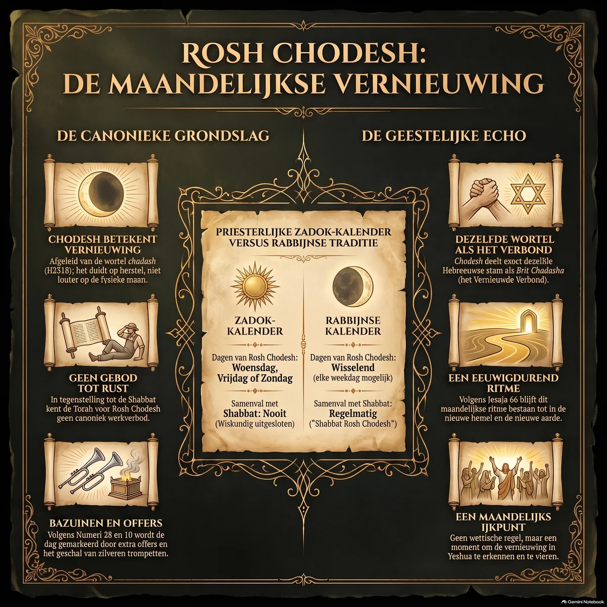 Overzicht van Rosh Chodesh: de canonieke grondslag van chodesh als vernieuwing, het ontbreken van een rustgebod, bazuinen en offers, naast de gedeelde wortel met het vernieuwde verbond en de vergelijking tussen de Zadok-kalender en de rabbijnse kalender.