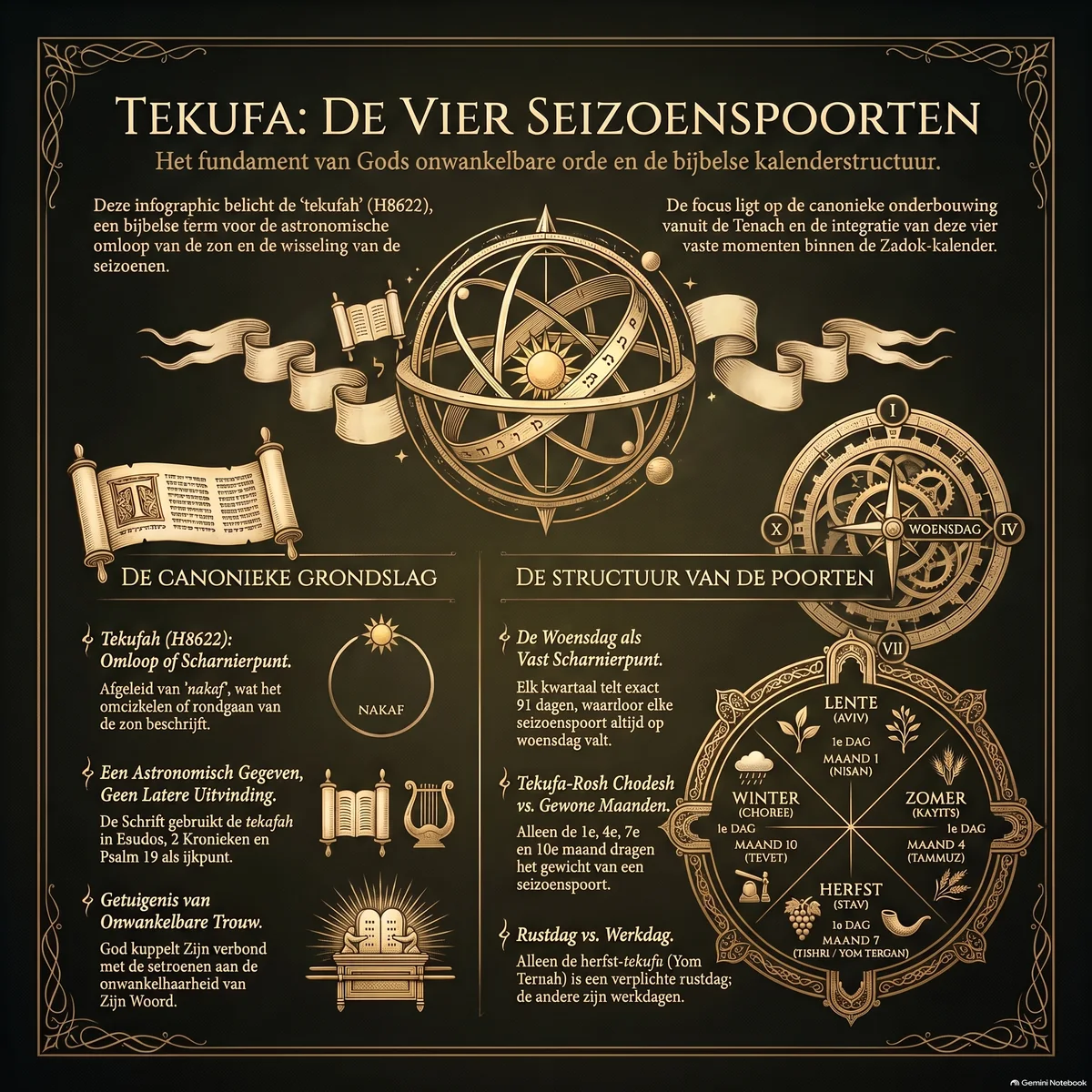 Overzicht van de tekufa: de betekenis van het woord (nakaf), de astronomische omloop van de zon, de belofte aan Noach, de woensdag-constante in de Zadok-kalender en het onderscheid met Yom Teruah.