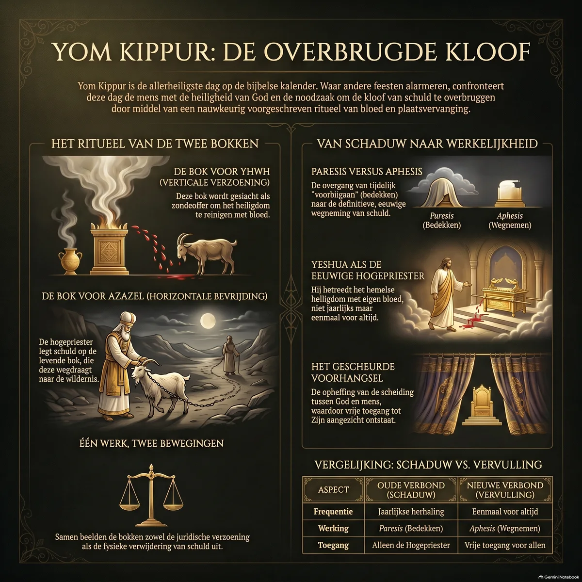 Overzicht van Yom Kippur: het ritueel van de twee bokken, de kafar-wortel, paresis versus aphesis, de Jubeljaar-afkondiging en het gescheurde voorhangsel.