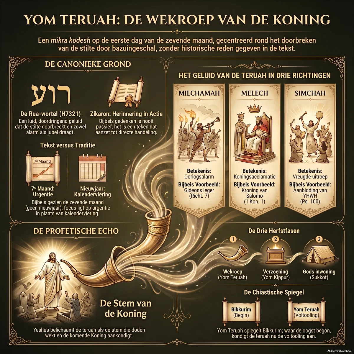 Overzicht van Yom Teruah: de canonieke grond, de rua-wortel, de drie spectrums van teruah (oorlogsalarm, koningsacclamatie, vreugde-uitroep), en de profetische echo van Sinaï tot de laatste bazuin.
