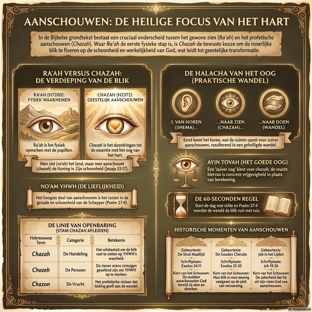 Overzicht van aanschouwen als de heilige focus van het hart: het onderscheid tussen ra'ah en chazah, de halacha van het oog via horen-zien-doen, ayin tovah tegenover een gesloten blik, en de linie van openbaring van chazah naar chozeh naar chazon.
