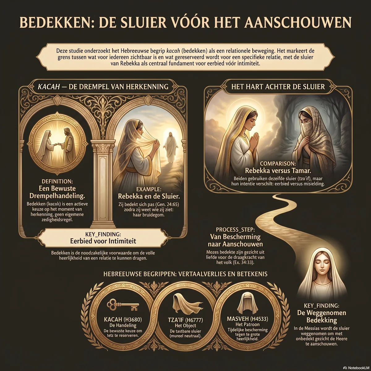 Overzicht van bedekken als de sluier vóór het aanschouwen: kacah als bewuste drempelhandeling bij Rebekka, het hart achter de sluier bij Rebekka versus Tamar, de weg van bescherming naar aanschouwen bij Mozes, en de Hebreeuwse begrippen kacah, tza'if en masveh.