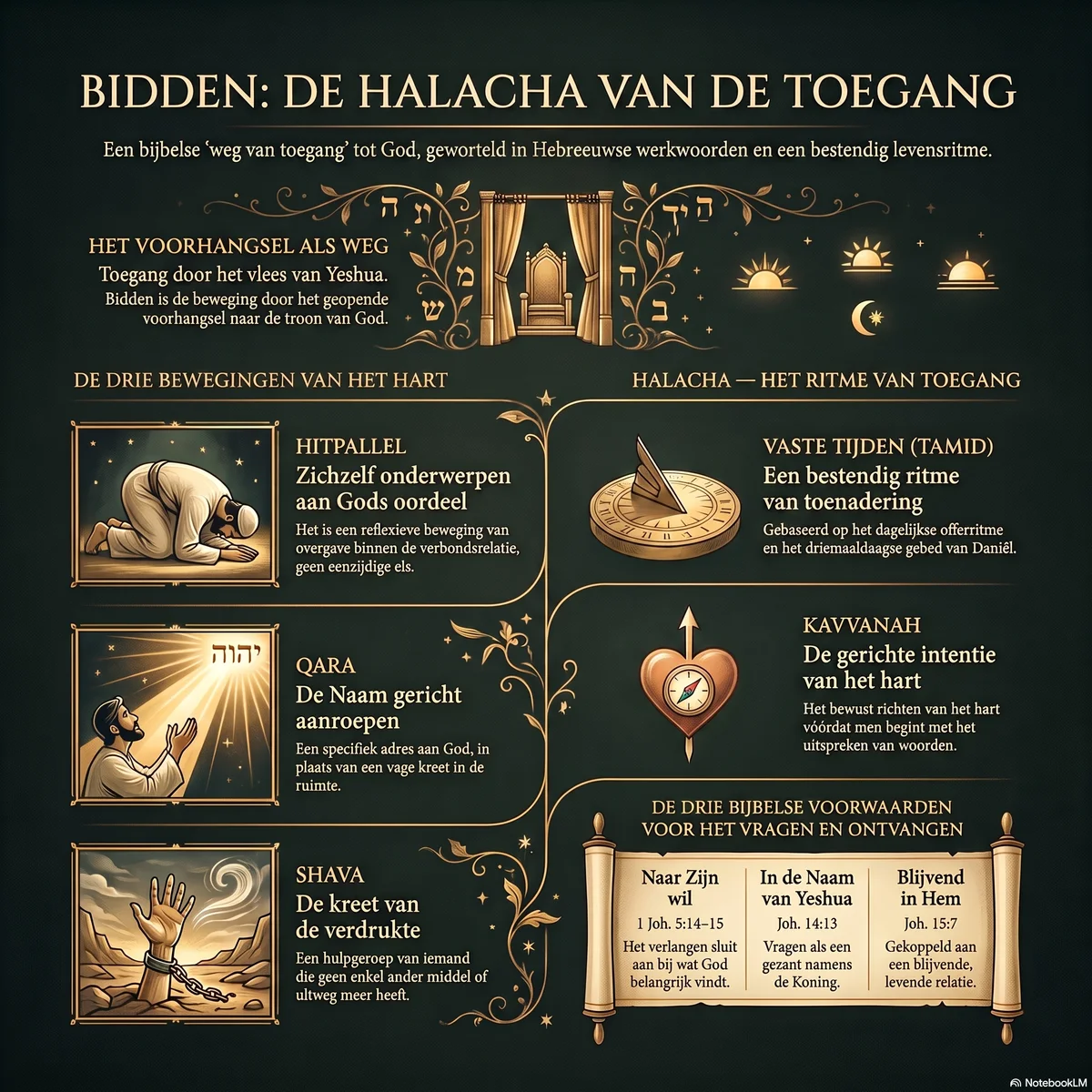 Infographic met het voorhangsel als toegangsweg, drie bewegingen van het hart — Hitpallel, Qara, Shava — en de halacha van vaste tijden, kavvanah en de drie voorwaarden voor gebed.