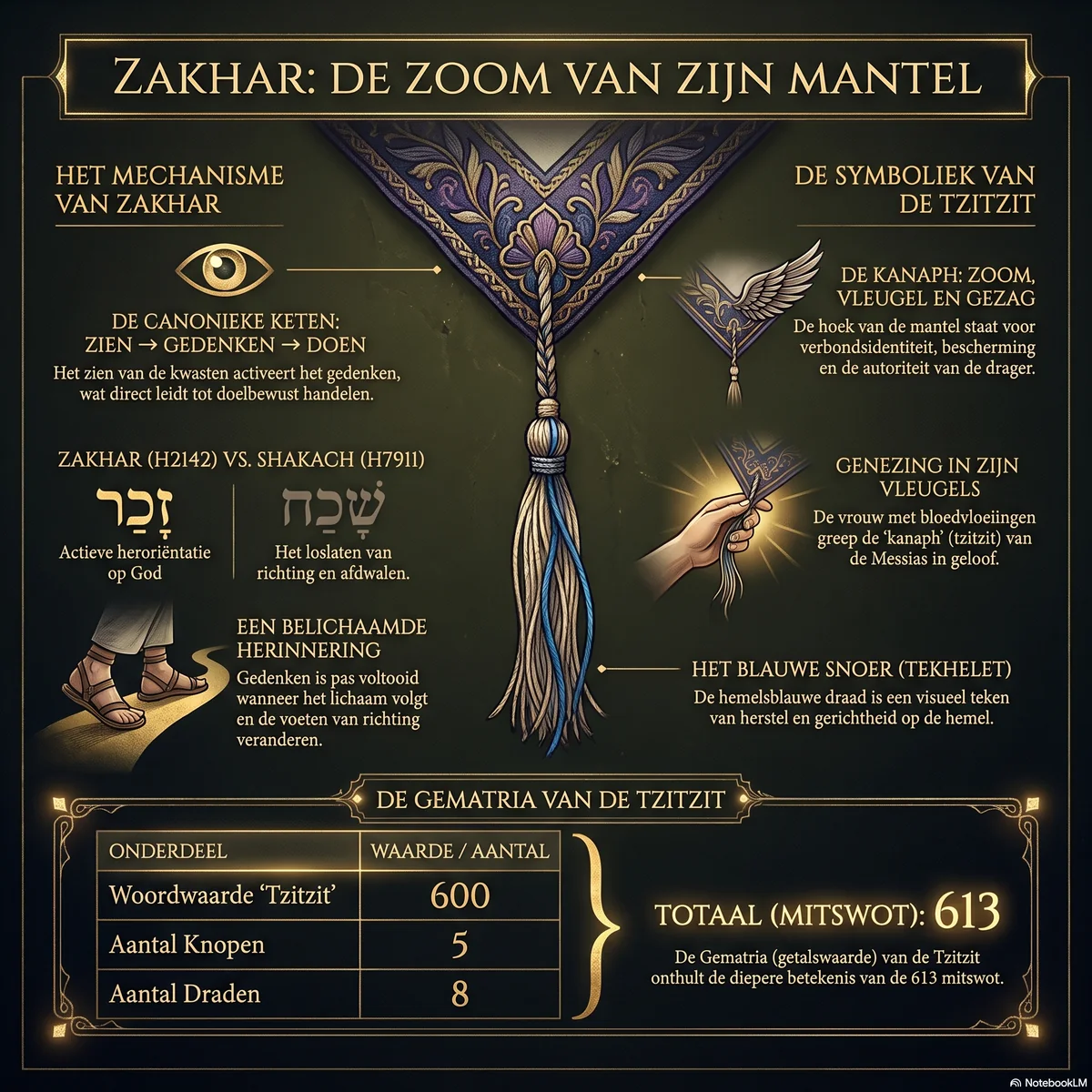 Overzicht van zakhar als de zoom van Zijn mantel: het mechanisme zien-gedenken-doen, het onderscheid tussen zakhar en shakach, en de symboliek van de tzitzit, de kanaph en het blauwe snoer, met de gematria van de tzitzit die uitkomt op 613.