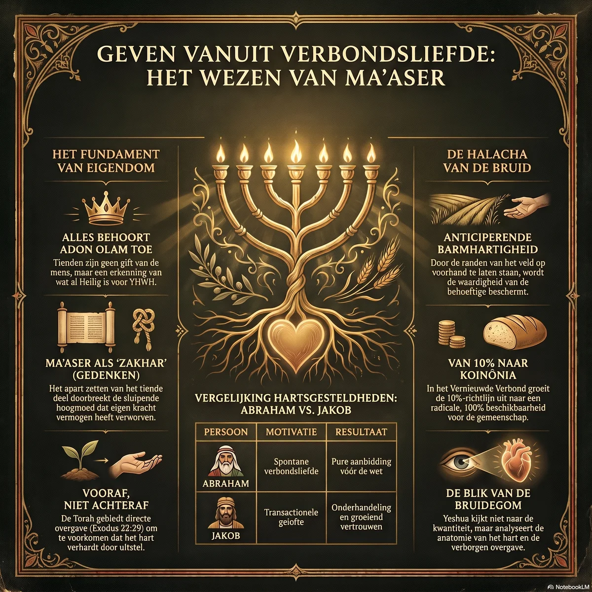 Infographic over ma'aser: het fundament van eigendom en zakhar, de boom met hart en menora met de vergelijking tussen Abraham en Jakob, en de halacha van anticiperende barmhartigheid en de blik van de Bruidegom