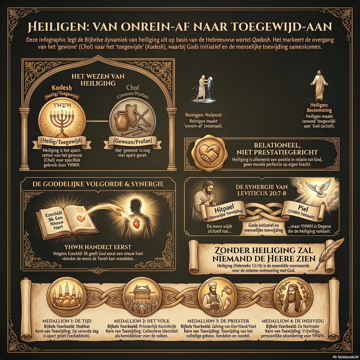 Overzicht van heiliging: het onderscheid tussen kodesh en chol, de goddelijke volgorde in Ezechiël 36, de synergie van hitpael en piel in Leviticus 20:7-8, en de vier niveaus van heiliging — tijd, volk, priester en individu.