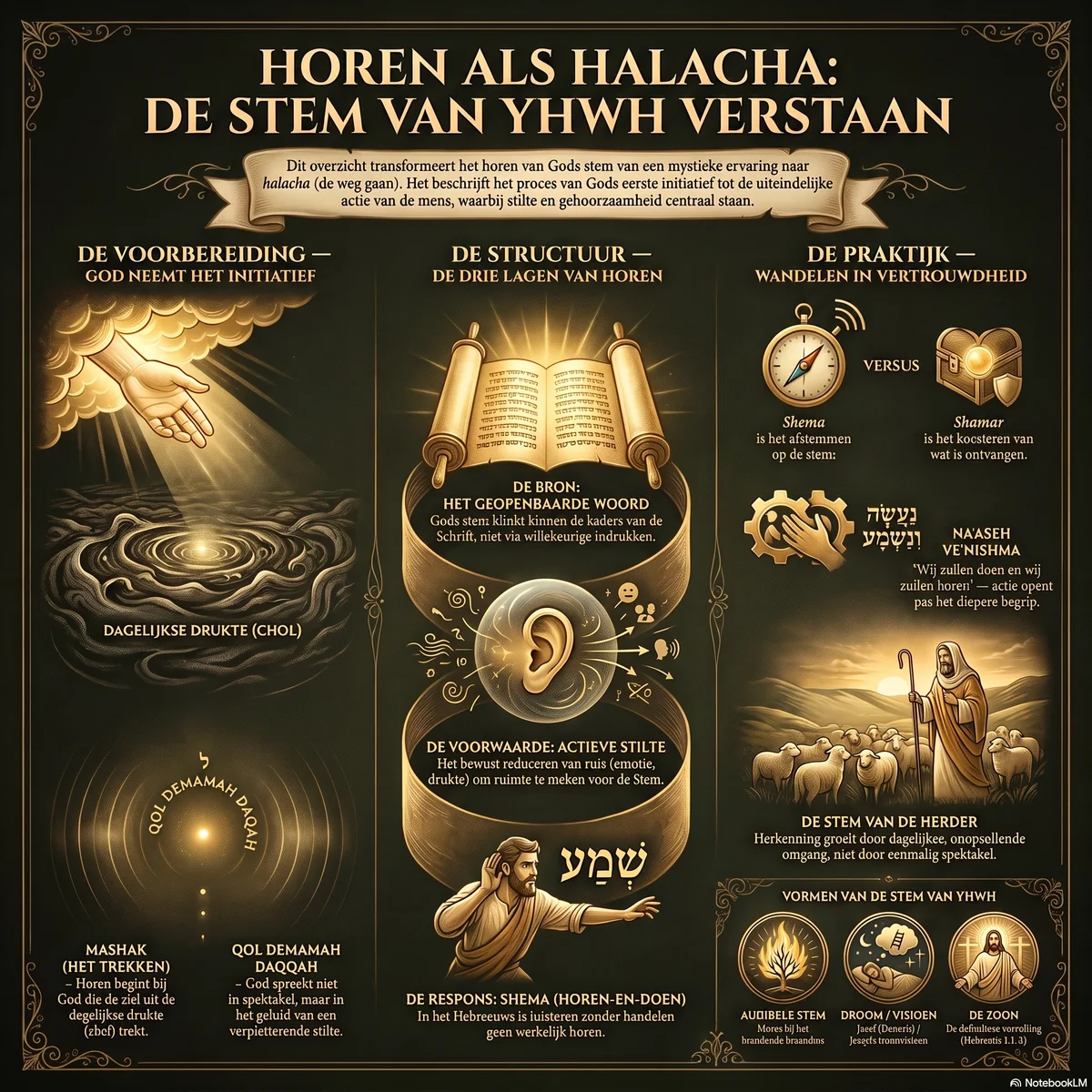 Overzicht van horen als halacha: de voorbereiding waarin God het initiatief neemt, de drie lagen van horen — bron, voorwaarde en respons — en de praktijk van wandelen in vertrouwdheid met de stem van de Herder.