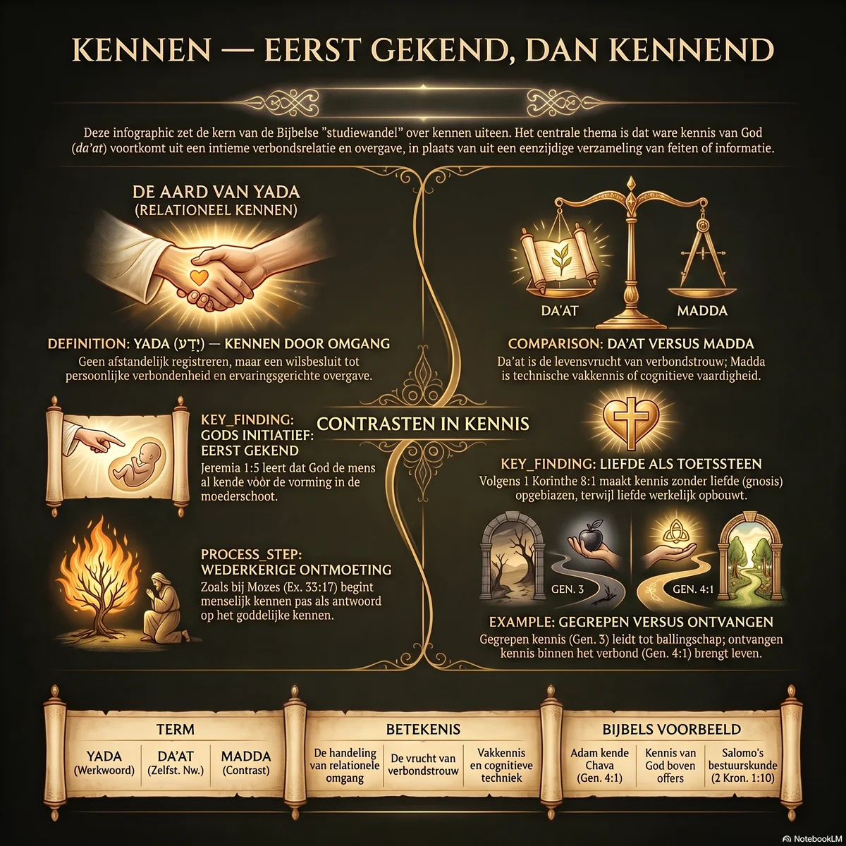 Overzicht van kennen als eerst gekend, dan kennend: de aard van yada als relationeel kennen door omgang, het contrast tussen da'at en madda, Gods initiatief van eerst gekend zijn, en het onderscheid tussen gegrepen kennis en ontvangen kennis binnen het verbond.