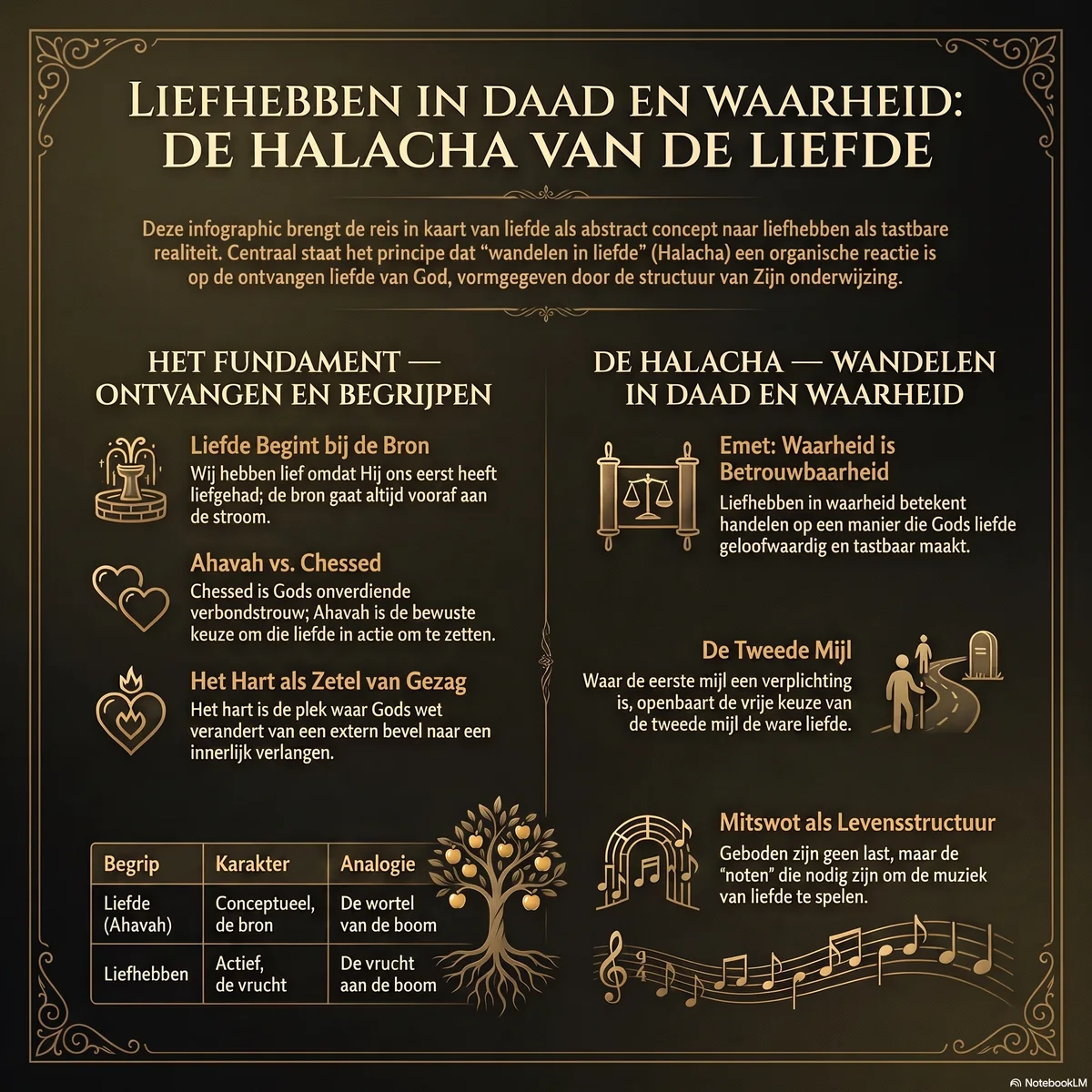 Overzicht van liefhebben in daad en waarheid: het fundament van ontvangen liefde als bron, Ahavah tegenover Chessed, het hart als zetel van gezag, en de halacha van wandelen — Emet als betrouwbaarheid, de tweede mijl en mitswot als levensstructuur.