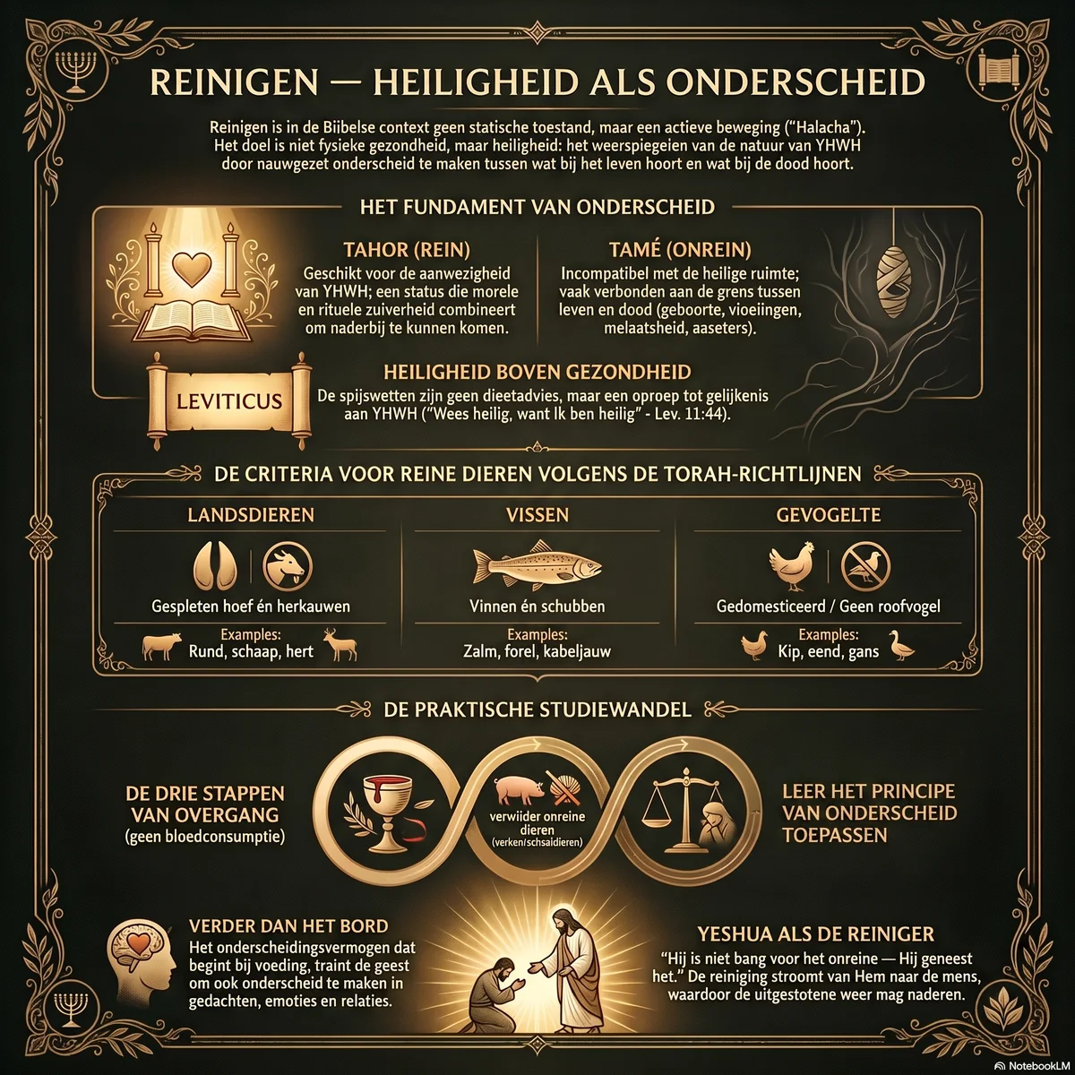 Overzicht van reinigen als heiligheid-onderscheid: tahor tegenover tamé, de criteria voor reine dieren op het land, in het water en in de lucht, de drie stappen van overgang, en Yeshua als de Reiniger die het onreine geneest.