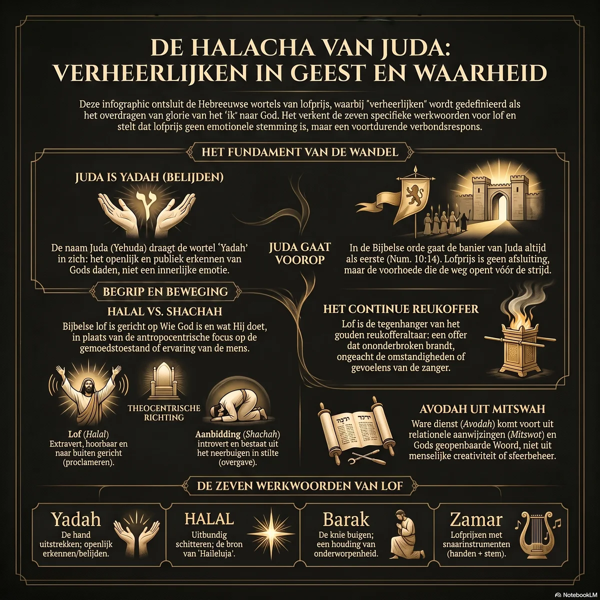 Overzicht van de halacha van Juda: het fundament van Juda als Yadah (belijden) die voorop gaat, het onderscheid tussen Halal en Shachah, het continue reukoffer, avodah uit mitswah, en de zeven werkwoorden van lof.