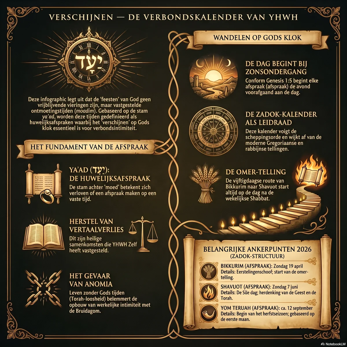 Overzicht van verschijnen als de verbondskalender van YHWH: het fundament van de afspraak via ya'ad en het herstel van het vertaalverlies rond 'feesten', de dag die begint bij zonsondergang, de Zadok-kalender, de omer-telling en de belangrijke ankerpunten van 2026.