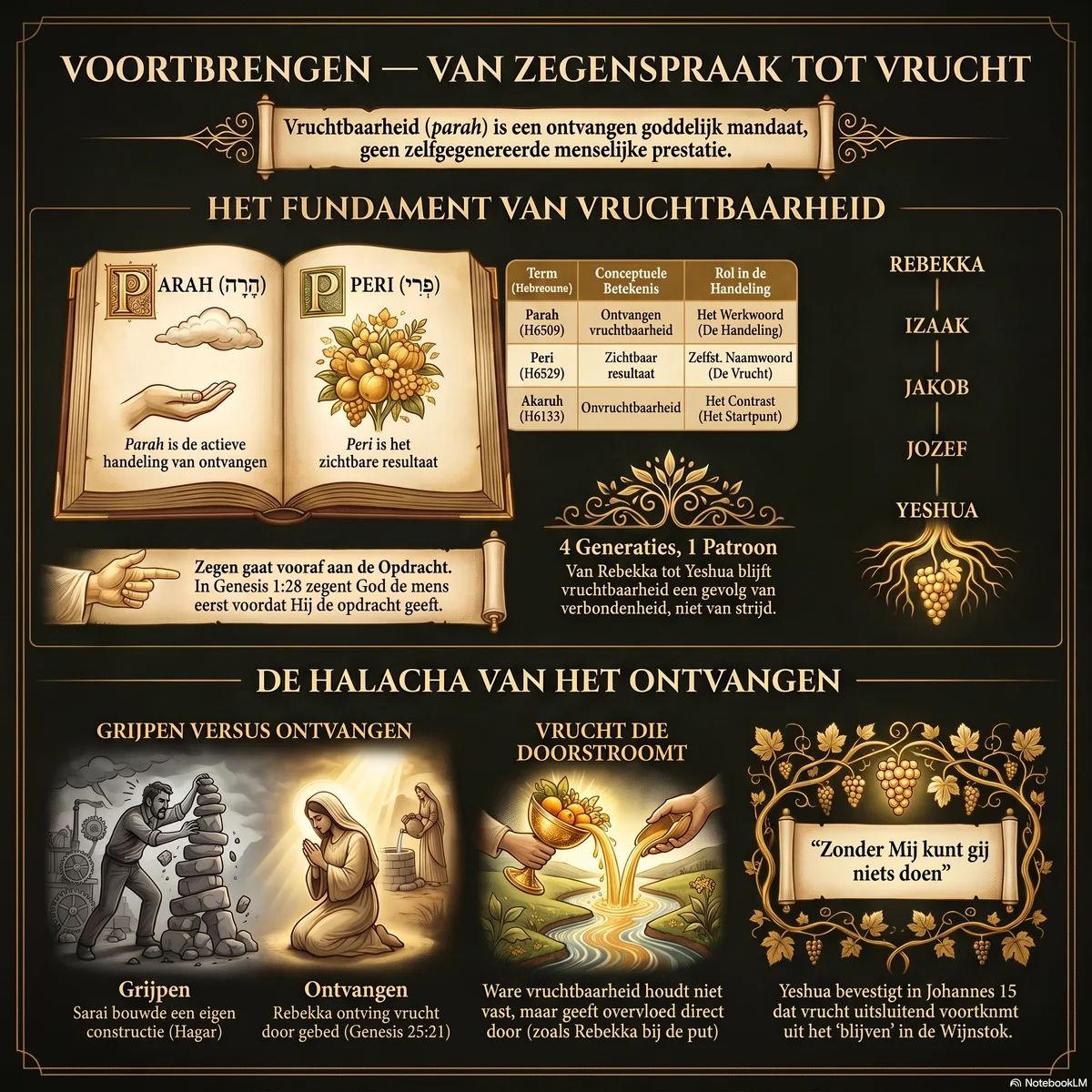 Overzicht van voortbrengen als de weg van zegenspraak tot vrucht: het onderscheid tussen parah als werkwoord en peri als vrucht, vier generaties met één patroon van Rebekka tot Yeshua, en de halacha van het ontvangen — grijpen versus ontvangen, en vrucht die doorstroomt.
