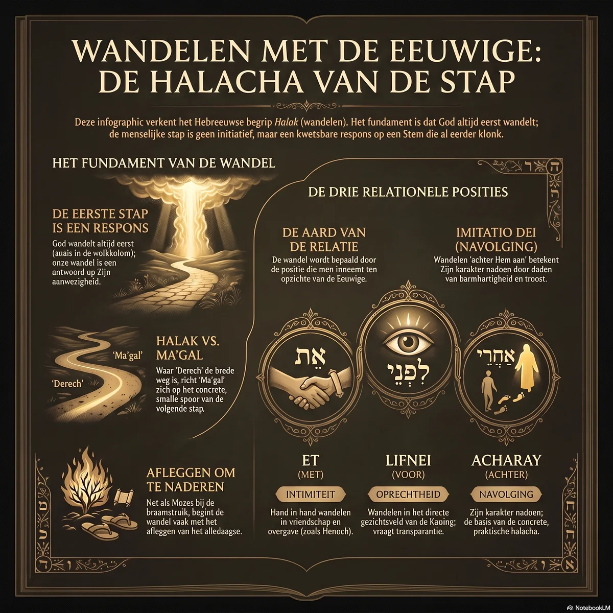 Overzicht van wandelen met de Eeuwige: het fundament dat God altijd eerst wandelt, het onderscheid tussen halak en ma'gal, en de drie relationele posities et, lifnei en acharay als intimiteit, oprechtheid en navolging.