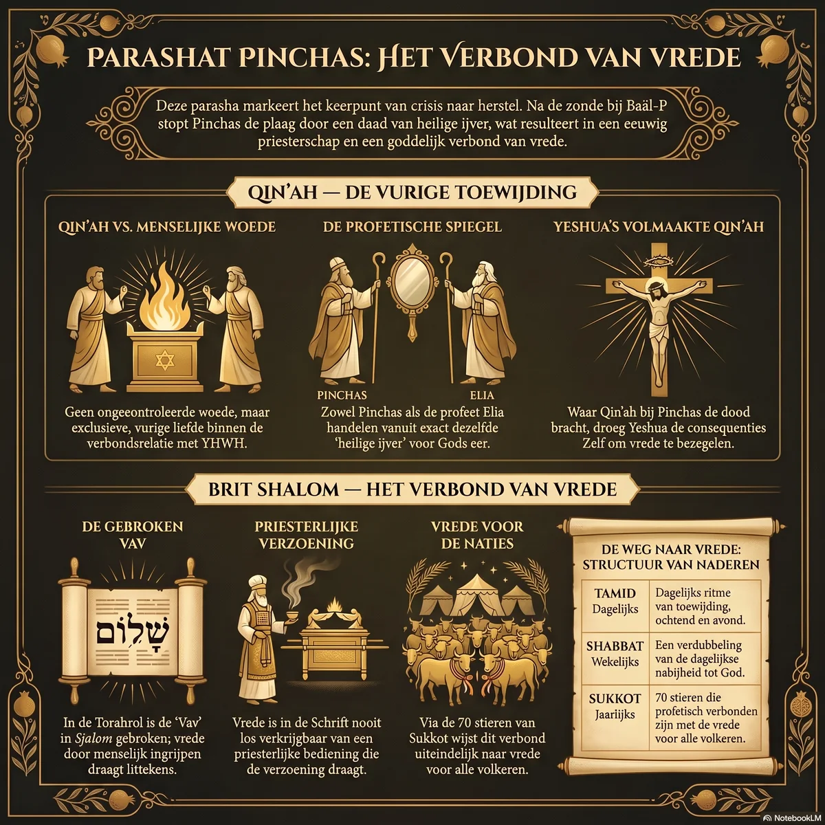 Overzicht van het Verbond van Vrede: heilige qin'ah tegenover menselijke woede, de profetische spiegel tussen Pinchas en Elia, Yeshua's volmaakte qin'ah aan het kruis, de gebroken Vav in Sjalom, priesterlijke verzoening, en de structuur van naderen via tamid, Shabbat en Sukkot.