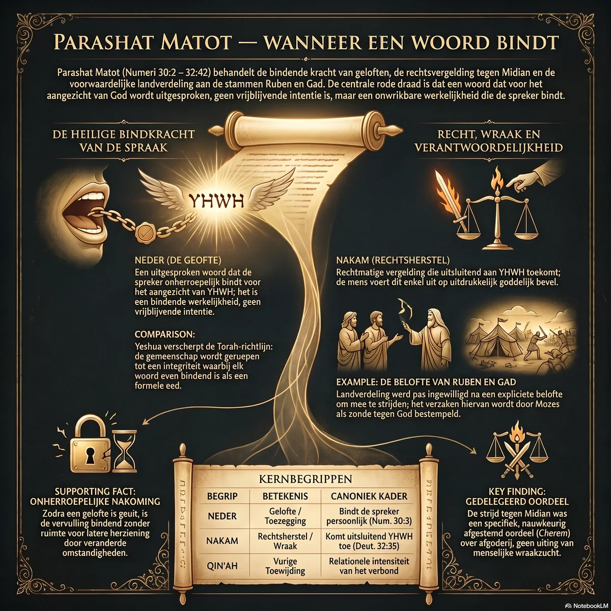Infographic Parashat Matot: de bindende kracht van een neder, het onderscheid tussen nakam en qin'ah, en de belofte van Ruben en Gad