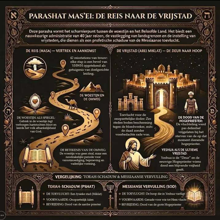 Infographic Parashat Mas'ei: de reis naar de vrijstad — woestijnroute, landsgrenzen en de vrijstad als schaduw van de Messiaanse toevlucht