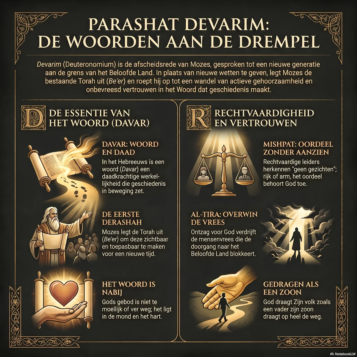 Infographic Parashat Devarim: de essentie van het woord (davar), de eerste derashah, rechtvaardigheid zonder aanzien en het overwinnen van vrees aan de grens van het beloofde land