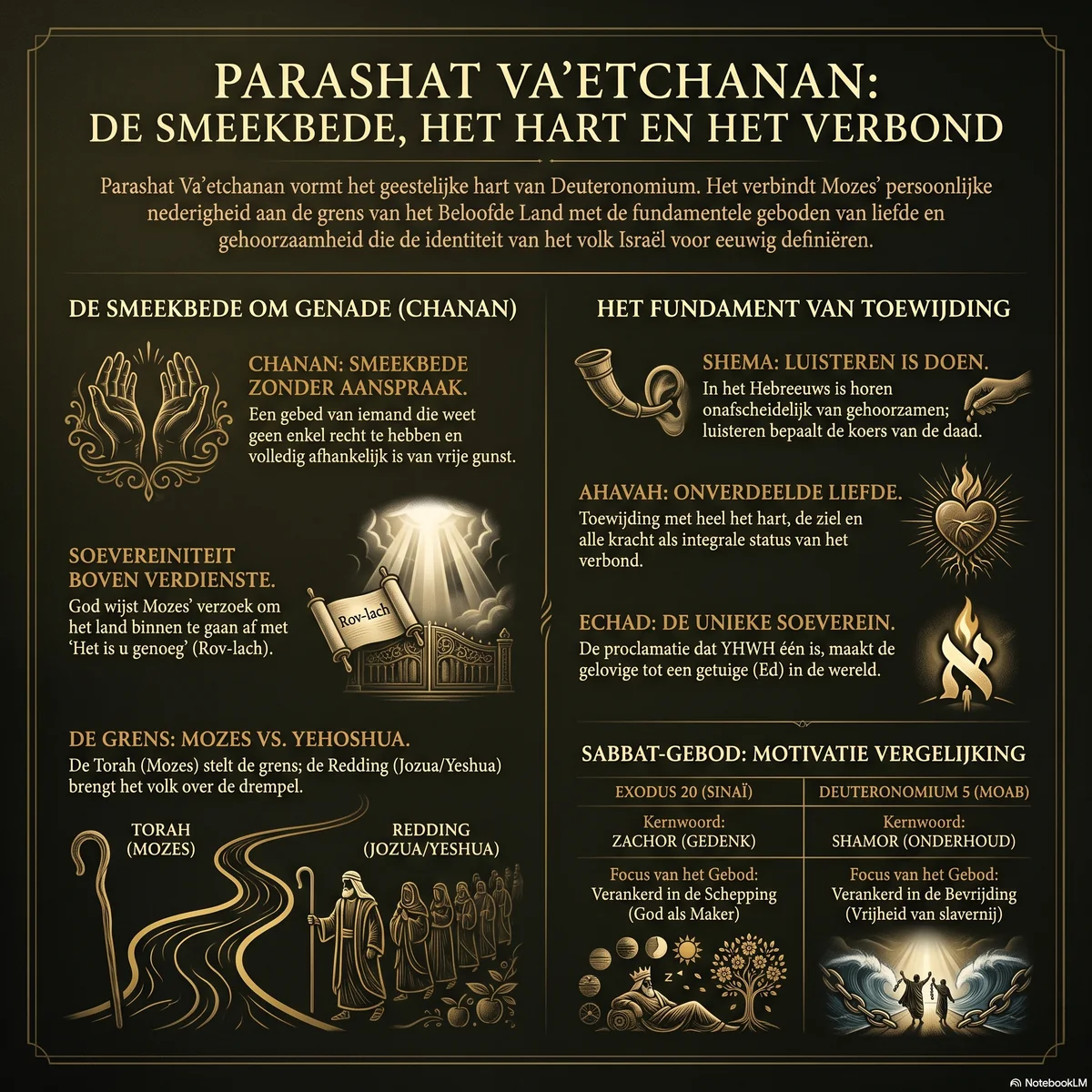 Overzicht van Parashat Va'etchanan: de smeekbede om genade (chanan) en de soevereiniteit van YHWH boven verdienste, het fundament van toewijding via Shema, Ahavah en Echad, en de vergelijking tussen Zachor en Shamor in het Sabbatgebod.