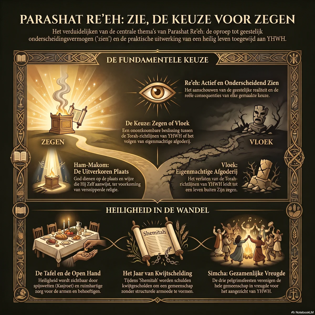 Infographic bij Parashat Re'eh: een oog dat toeziet op een gesplitst pad tussen zegen — een lichtend altaar met Torah-rol en Ham-Makom — en vloek — een gebarsten afgodsbeeld; daaronder drie panelen over de tafel en de open hand, het jaar van kwijtschelding, en de gezamenlijke vreugde van de pelgrimsfeesten.
