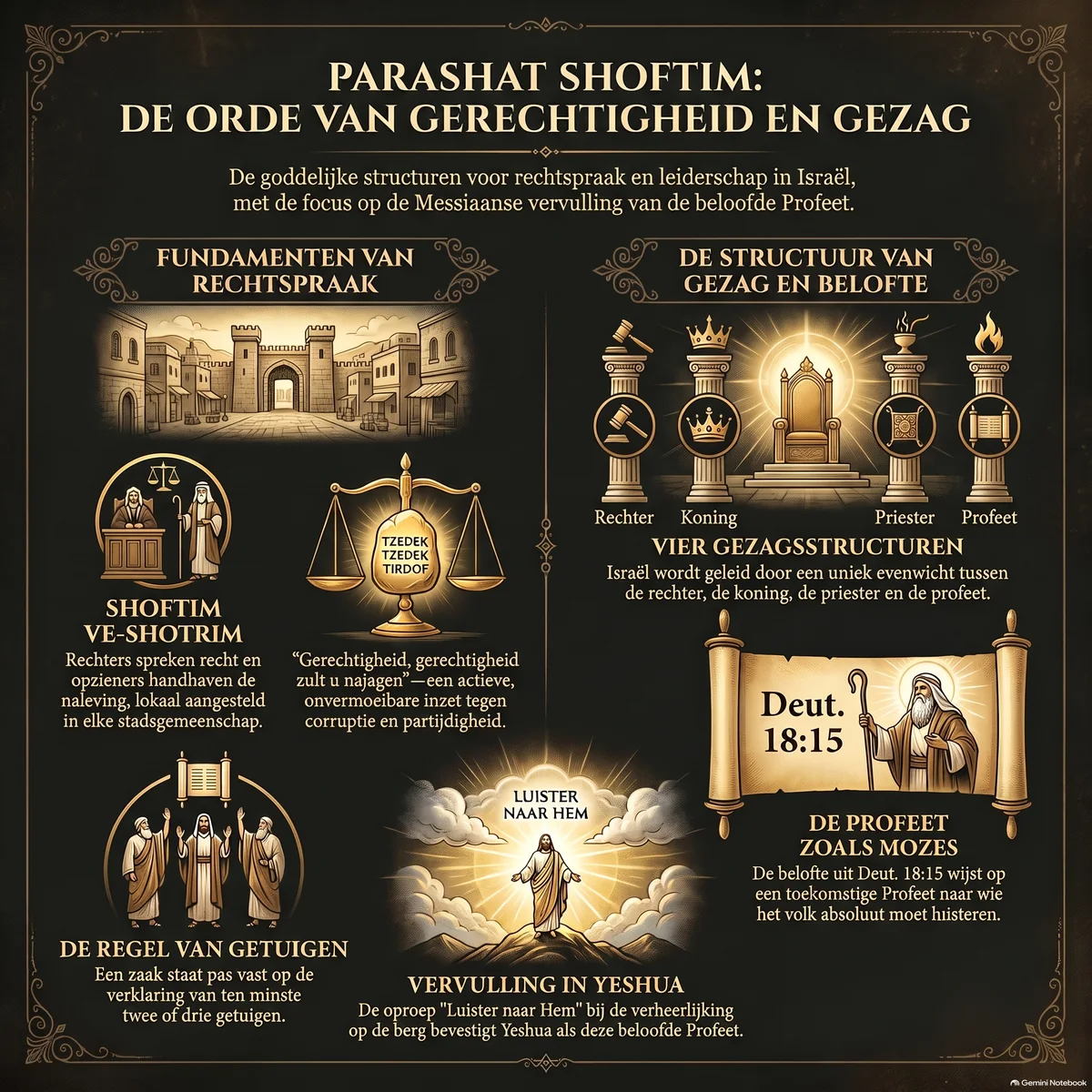Infographic bij Parashat Shoftim: de vier gezagsstructuren — rechter, koning, priester en profeet — met Shoftim ve-Shotrim, de weegschaal van Tzedek Tzedek Tirdof, de regel van twee-of-drie getuigen, de belofte van de Profeet zoals Mozes (Deut. 18:15) en de vervulling daarvan bij de verheerlijking van Yeshua op de berg.