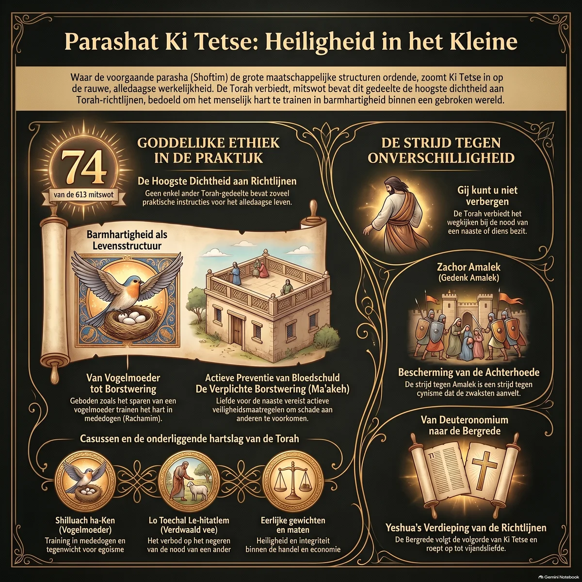 Infographic bij Parashat Ki Tetse: barmhartigheid in de kleinste details — de krijgsgevangene, de borstwering tegen bloedschuld, Shilluach ha-Ken, eerlijke maten en de herinnering aan Amalek.