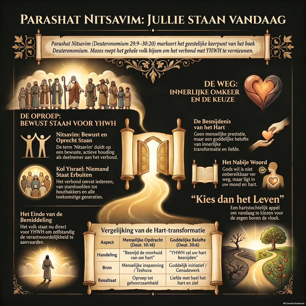 Infographic bij Parashat Nitsavim: de oproep om bewust voor YHWH te staan, kol Yisrael zonder uitzondering, de besnijdenis van het hart als goddelijke belofte tegenover de menselijke opdracht van Deut. 10:16, het nabije Woord, en de keuze tussen leven en dood.