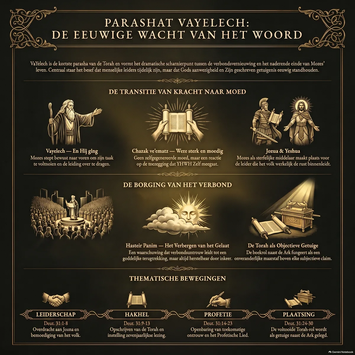 Infographic bij Parashat VaYelech: de overdracht van kracht naar moed, Chazak ve'ematz als reactie op Gods toezegging, Jozua en Yeshua, de borging van het verbond via Hakhel en de Torah als objectieve getuige naast de Ark, en de waarschuwing van Hasteir Panim.