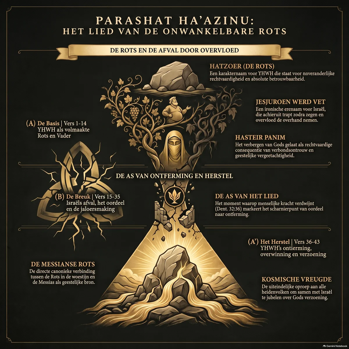 Infographic bij Parashat Ha'azinu: de Onwankelbare Rots, Jesjuroen die vet werd, het oordeel en Hasteir Panim, en de jaloersmakende liefde die uiteindelijk de volken en Israël samenbrengt.