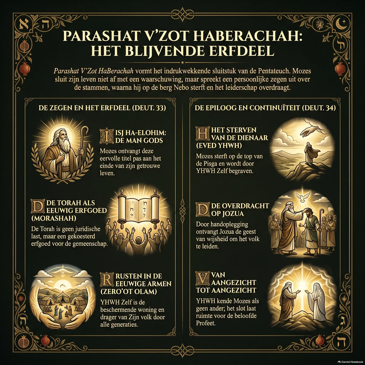 Infographic bij Parashat V'Zot HaBerachah in twee kolommen: links Mozes als man Gods, de Torah als erfdeel voor de gemeenschap en het volk gedragen in eeuwige armen; rechts Mozes op de bergtop, de handoplegging bij Jozua en het slot van de Torah dat ruimte laat voor de beloofde Profeet.