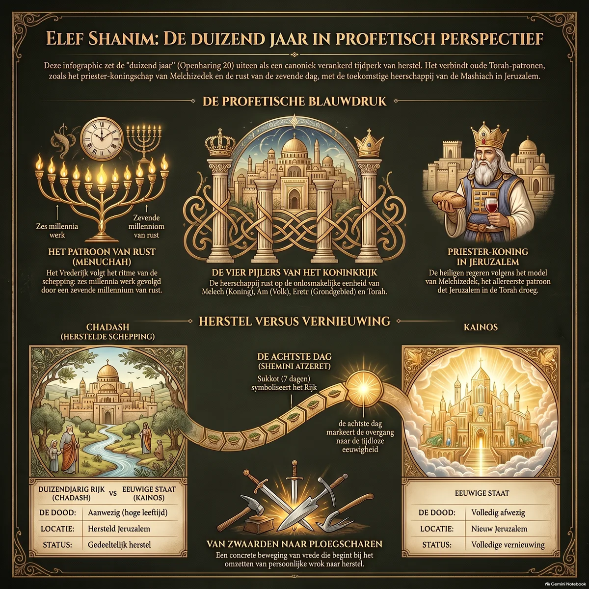 Infographic: de vier pijlers van het Koninkrijk, Melchizedeks priester-koningschap in Jeruzalem, en het onderscheid tussen chadash (herstelde schepping) en kainos (eeuwige staat)