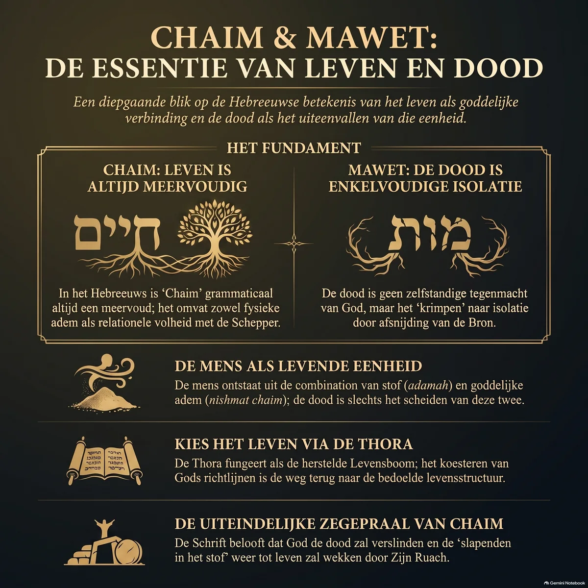 Chaim en Mawet: de essentie van leven en dood — leven als grammaticaal meervoud en goddelijke verbinding tegenover de dood als enkelvoudige isolatie, de mens als eenheid van stof en levensadem, de Thora als herstelde Levensboom, en de uiteindelijke zegepraal van Chaim over Mawet.