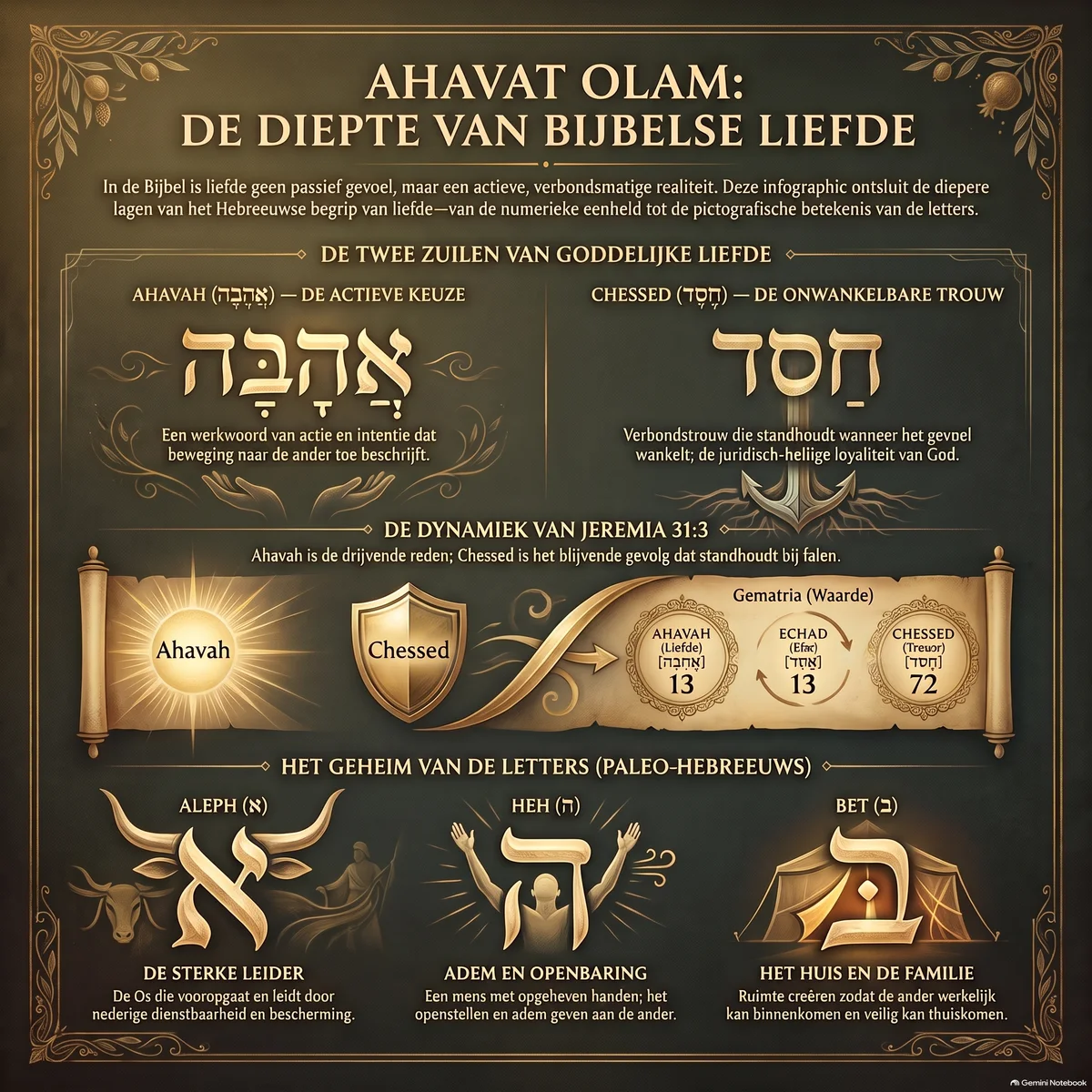 Infographic met de Hebreeuwse letters van Ahavah en Chessed, hun gematria-waarden en de pictografische betekenis van Aleph, Heh en Bet.