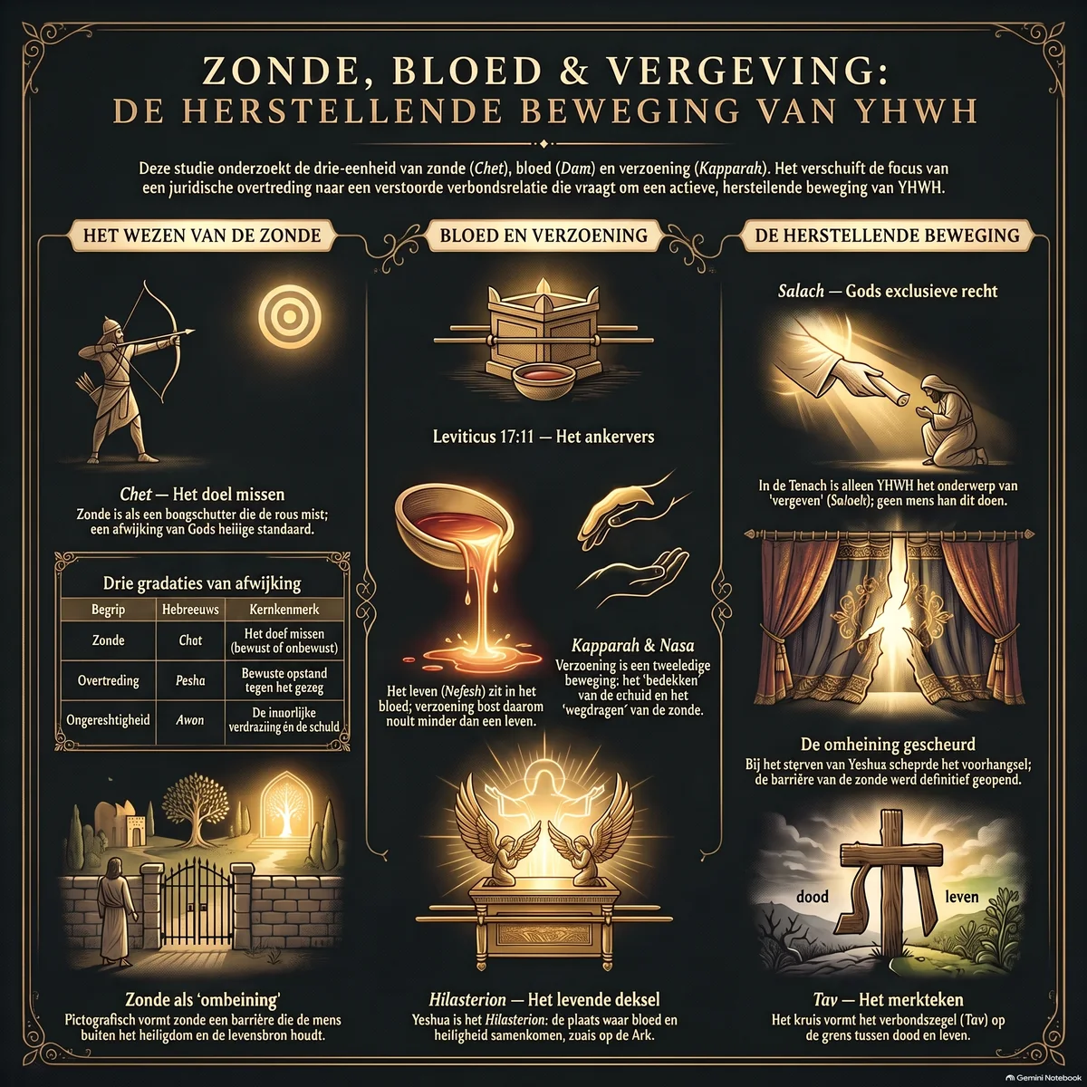 Visueel overzicht van de studie: het wezen van zonde als het missen van het doel, bloed als drager van het leven en middel van verzoening, en de herstellende beweging van vergeving — van de omheining van Chet via het altaar tot het gescheurde voorhangsel en het teken van Tav.
