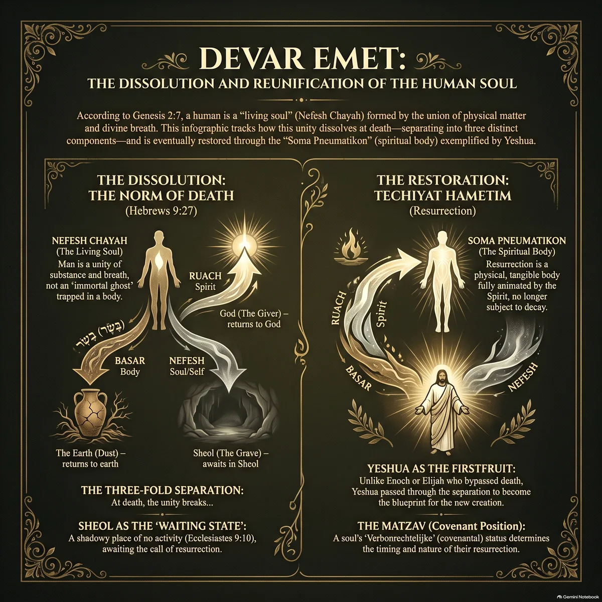 The Dissolution and Reunification of the Human Soul: man as a living soul formed by the union of physical matter and divine breath, death as the norm of a three-fold separation into basar (body), ruach (spirit), and nefesh (soul awaiting in Sheol), and Yeshua as the firstfruit of the resurrection into the soma pneumatikon.