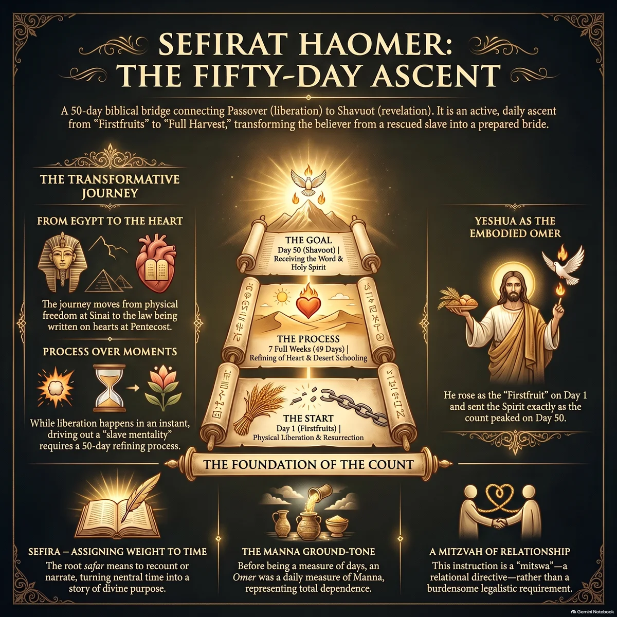 Overview of the Omer Count: the omer as a daily manna-measure, counting up from Day 1 (Firstfruits) to Day 50 (Shavuot), and Yeshua as Firstfruit and the outpouring of the Spirit.