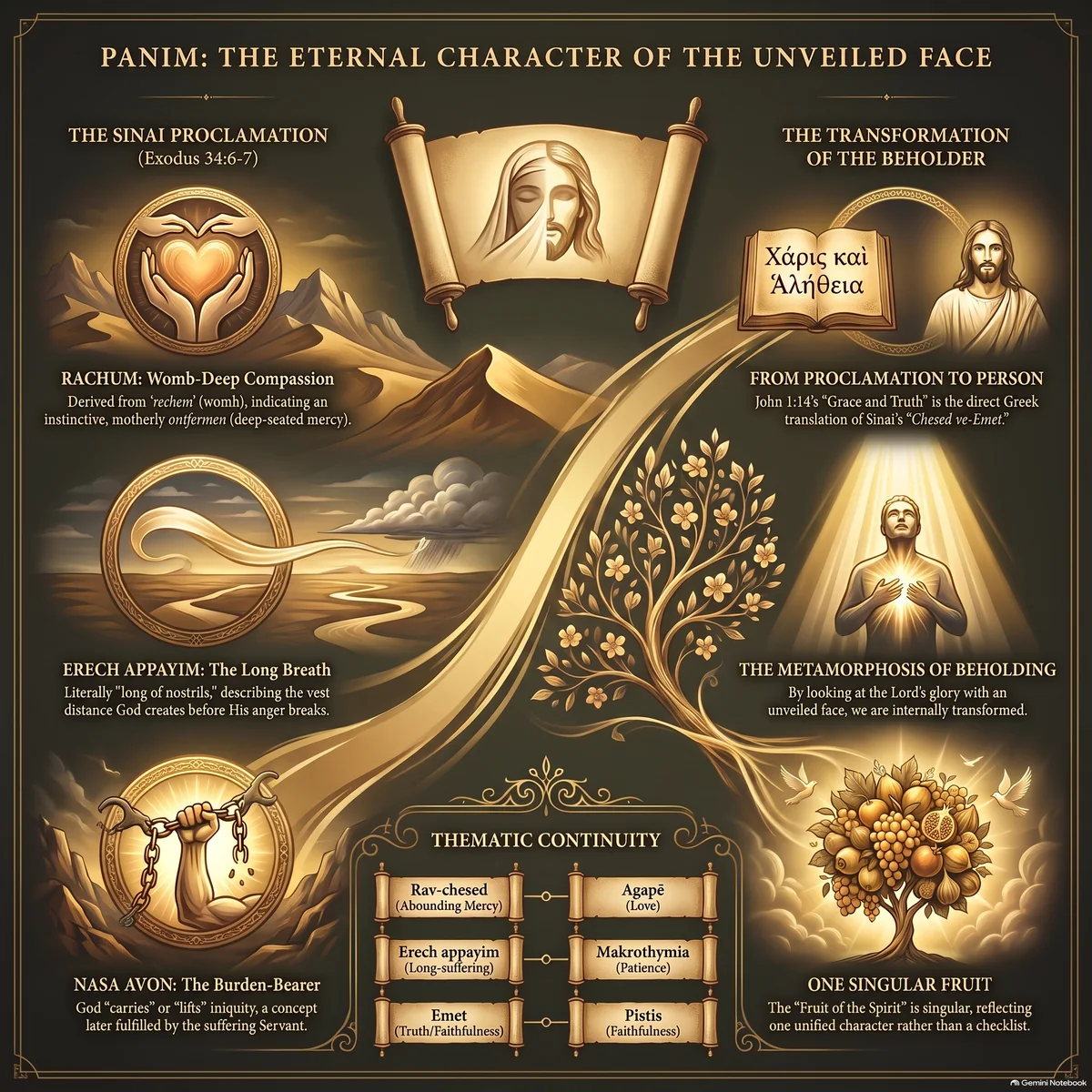 Infographic Panim: The Eternal Character of the Unveiled Face — the Sinai proclamation of Exodus 34:6-7 as foundation, the transformation of the beholder, and the one fruit of Galatians 5:22-23.