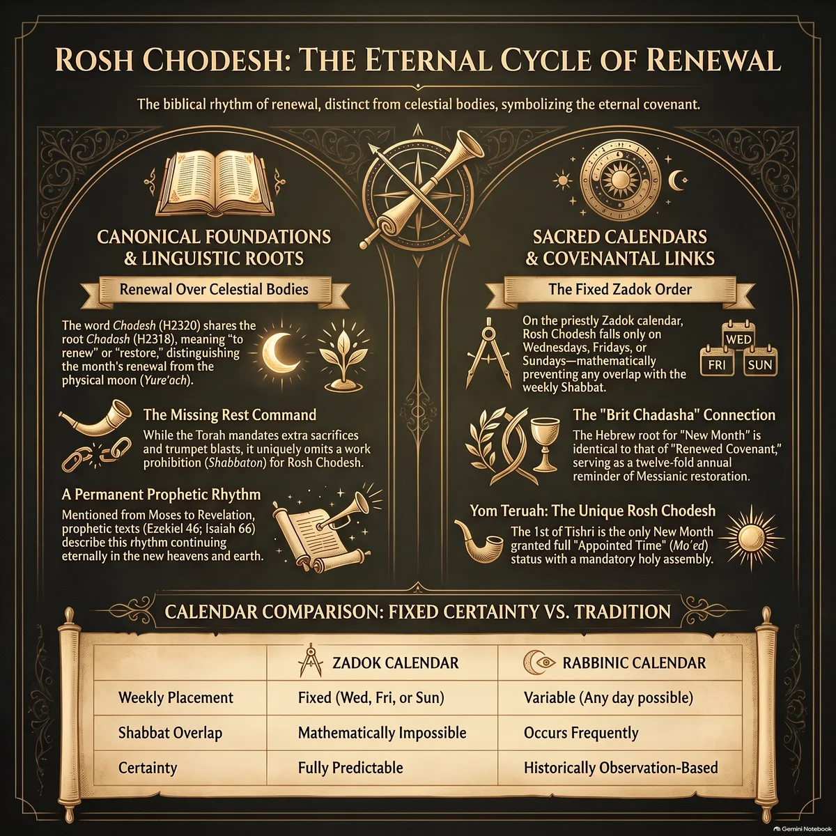 Overview of Rosh Chodesh: the canonical foundation of chodesh as renewal, the absence of a rest command, trumpets and offerings, alongside the shared root with the renewed covenant and the comparison between the Zadok calendar and the rabbinic calendar.