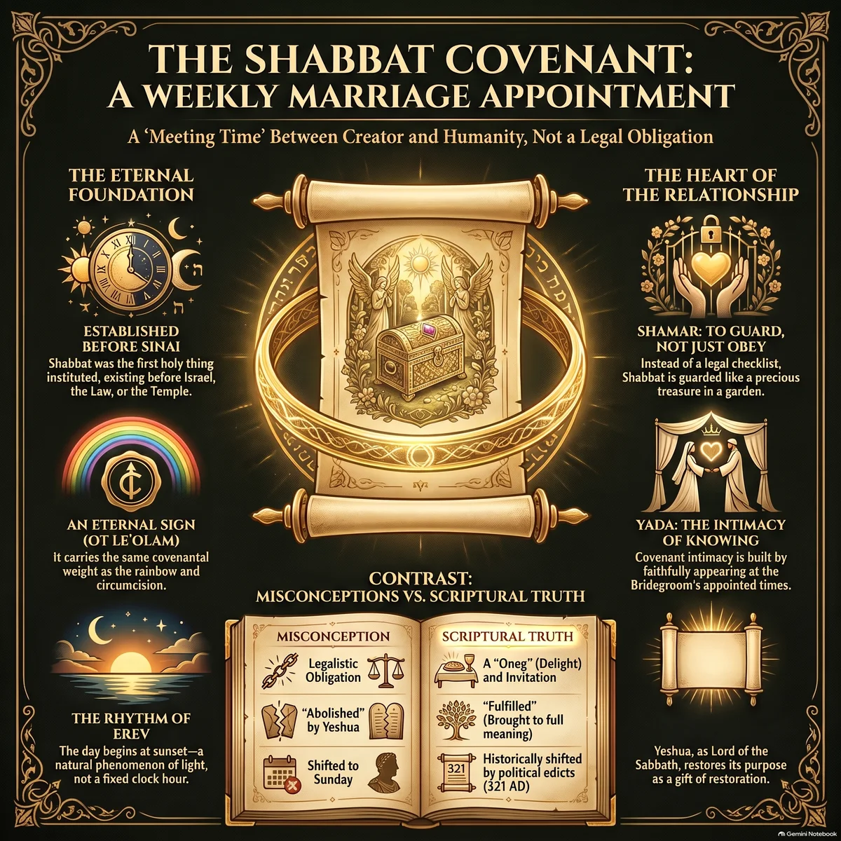 Visual summary of the Shabbat Covenant: the eternal foundation (established before Sinai, ot le'olam, the rhythm of erev, shamar) and the heart of the relationship (Yeshua as Lord of the Sabbath, Yada, fulfilled versus abolished)