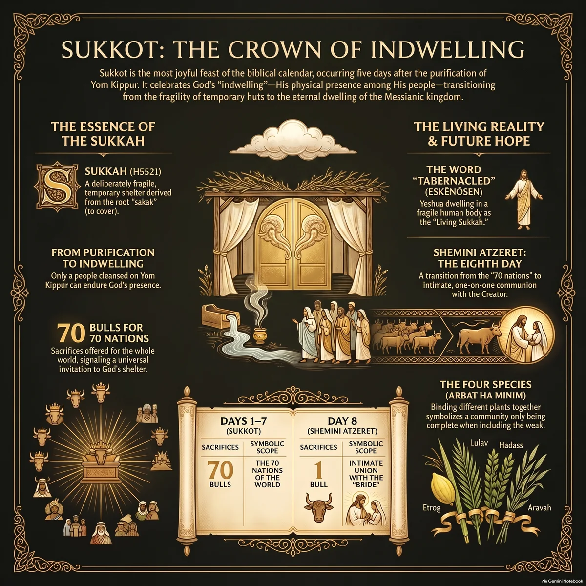 Overview of Sukkot: the sukkah, from wake-up call and atonement to indwelling, the seventy bulls for the nations against the one bull on Shemini Atzeret, and the Four Species.
