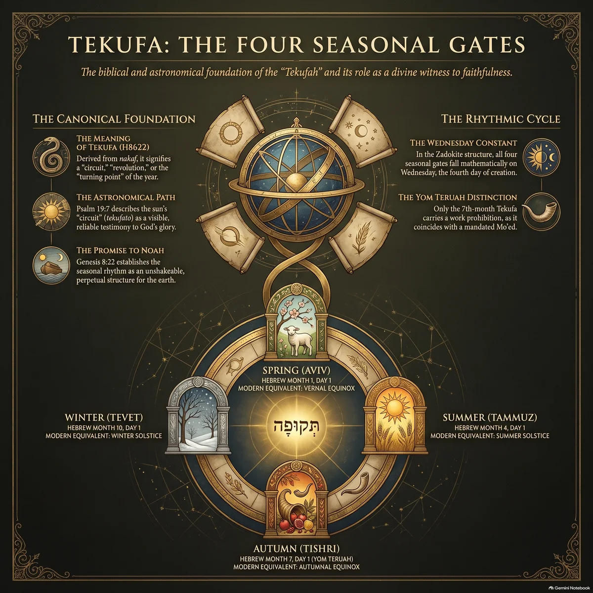 Overview of the tekufa: the meaning of the word (nakaf), the sun's astronomical circuit, the promise to Noah, the Wednesday constant in the Zadok Calendar, and the distinction with Yom Teruah.