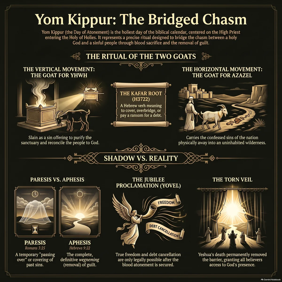 Overview of Yom Kippur: the ritual of the two goats (for YHWH and for Azazel), the distinction between paresis and aphesis, the Jubilee proclamation, and the torn veil.