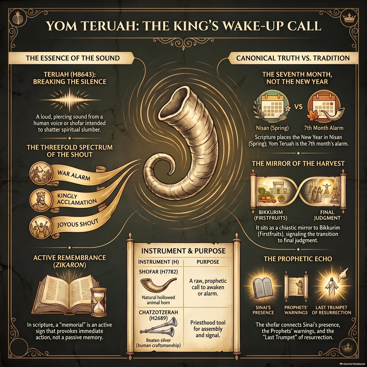 Overview of Yom Teruah: the canonical ground, the rua root, the three spectrums of teruah (war alarm, royal acclamation, joyous shout), and the prophetic echo from Sinai to the last trumpet.