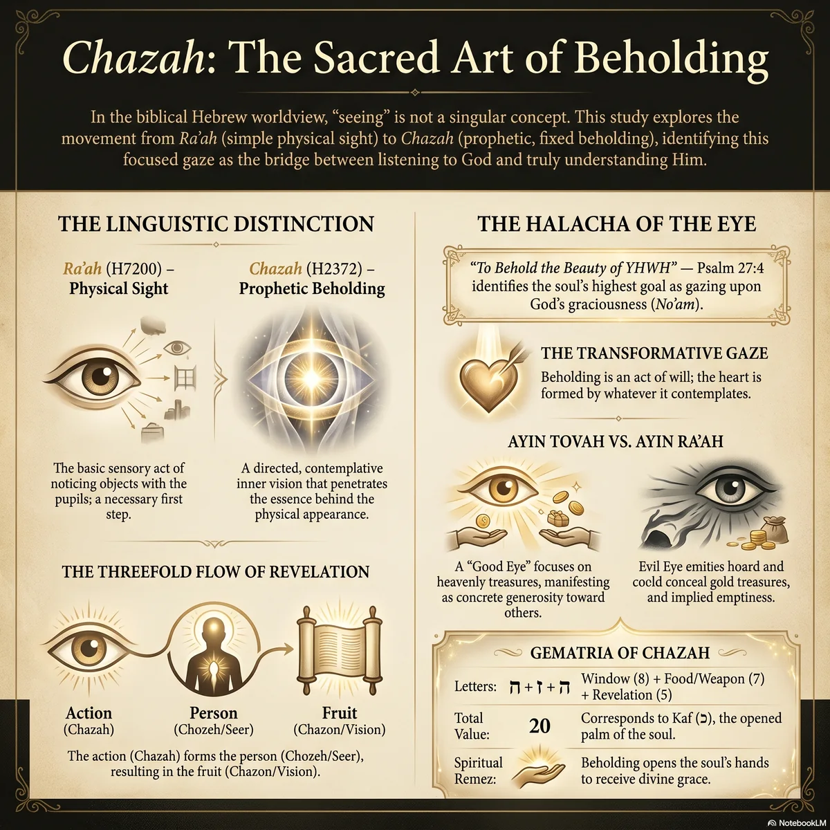 Overview of Chazah as the sacred art of beholding: the linguistic distinction between Ra'ah and Chazah, the halacha of the eye including the transformative gaze and ayin tovah versus ayin ra'ah, the threefold flow of revelation, and the gematria of chazah.