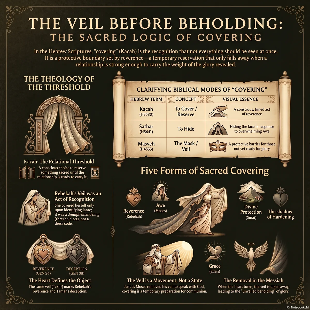 Overview of covering as the veil before beholding: the theology of the threshold with Kacah, Sathar and Masveh clarified, the five forms of sacred covering, and how the veil is a movement rather than a permanent state, removed in the Messiah.