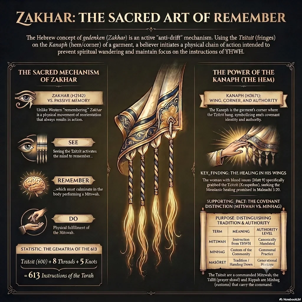 Overview of zakhar as the sacred art of remember: the mechanism of see-remember-do, zakhar versus passive memory, and the power of the kanaph — the healing in His wings and the covenant distinction between mitswah, minhag and masoret.