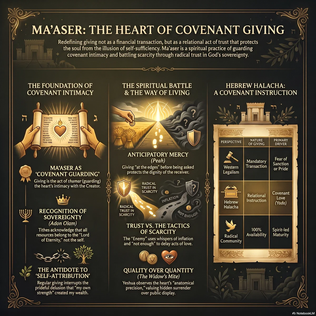 Infographic on ma'aser: the foundation of covenant intimacy and sovereignty, the spiritual battle between trust and the tactics of scarcity, and a comparison table of Western legalism, Hebrew halacha, and radical community giving